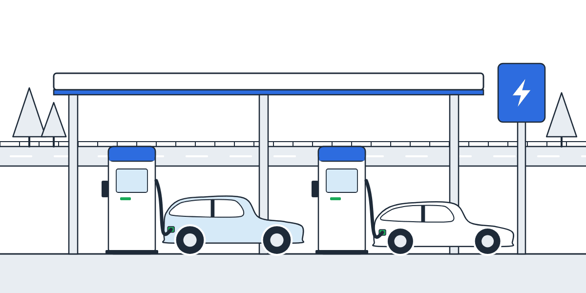 Illustration d'une aire d'autoroute avec une station de charge rapide abritée, des bornes en courant continu et des voitures en charge