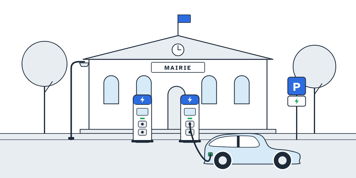 Illustration d'une mairie et de sa place équipée de bornes de recharge publiques, avec une voiture électrique en charge