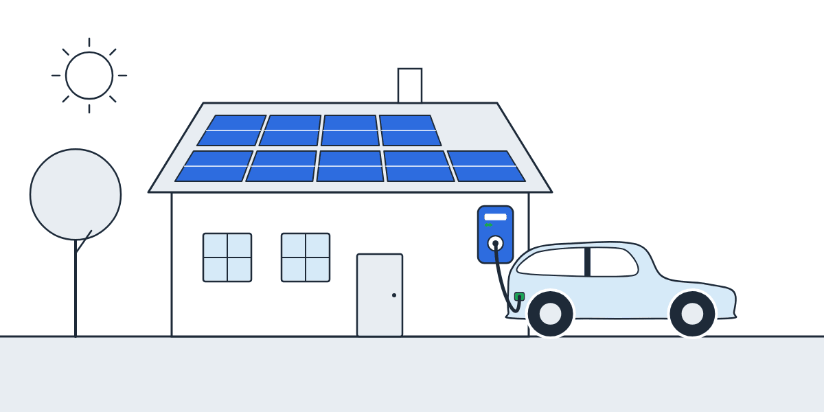 Illustration d'une maison équipée de panneaux solaires sur le toit et d'une borne de recharge, avec une voiture électrique branchée en journée