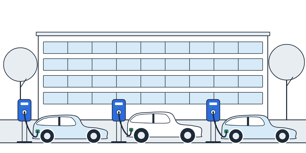 Illustration d'un parking d'entreprise devant un immeuble de bureaux, avec des bornes de recharge sur pied et des voitures électriques branchées